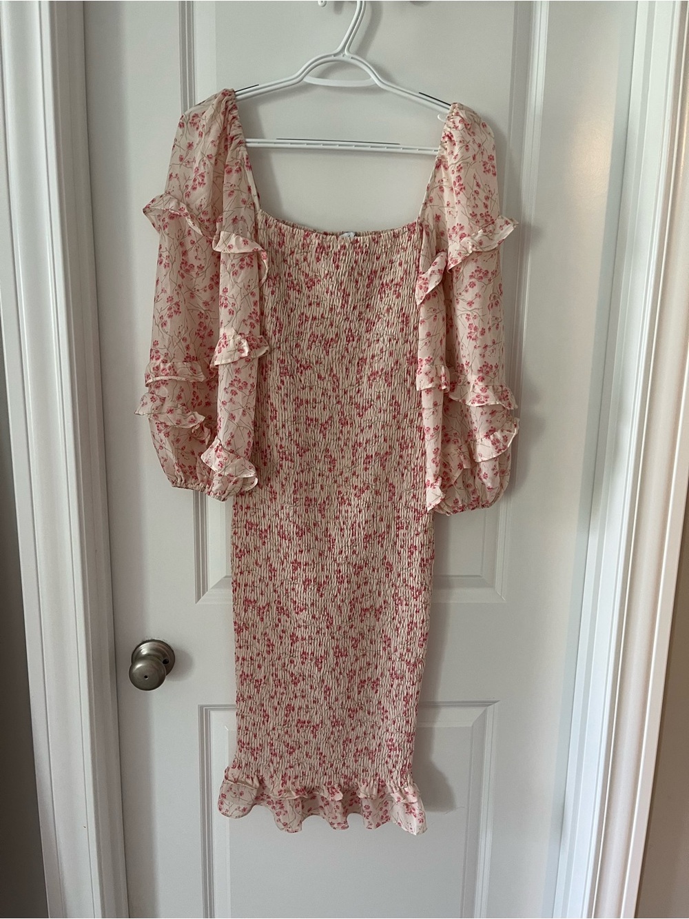 Petal & Pup Pink Floral Smocked Midi Dress with Ruffle Sleeves
